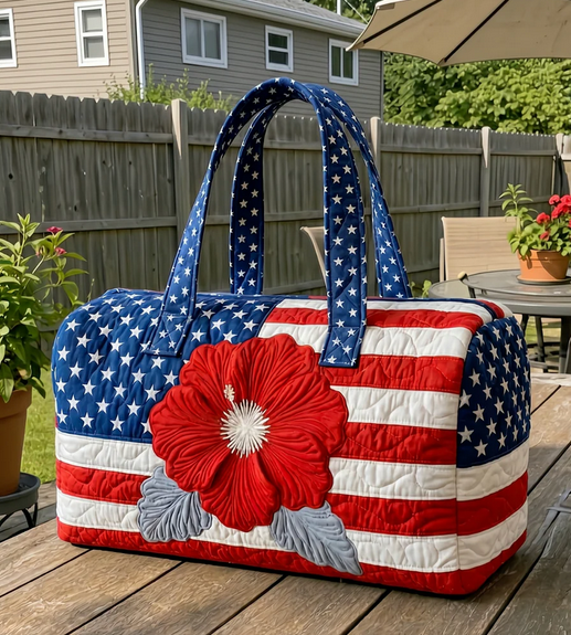 American Flag Quilted Tote Bag Vintage USA Flag Floral Print Travel Tote HandBag