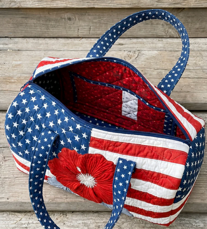 American Flag Quilted Tote Bag Vintage USA Flag Floral Print Travel Tote HandBag